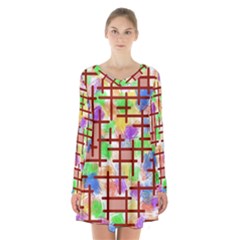 Pattern-repetition-bars-colors Long Sleeve Velvet V-neck Dress