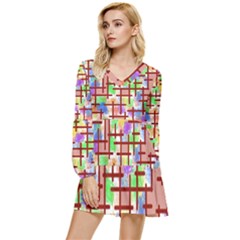 Pattern-repetition-bars-colors Tiered Long Sleeve Mini Dress