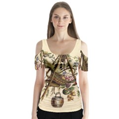 Vintage-antique-plate-china Butterfly Sleeve Cutout T-shirt 