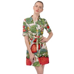 Strawberry-fruits Belted Shirt Dress by Maspions