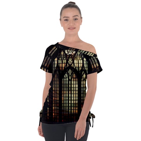 Stained Glass Window Gothic Off Shoulder Tie-up T-shirt by Maspions