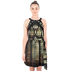 Stained Glass Window Gothic Halter Collar Waist Tie Chiffon Dress