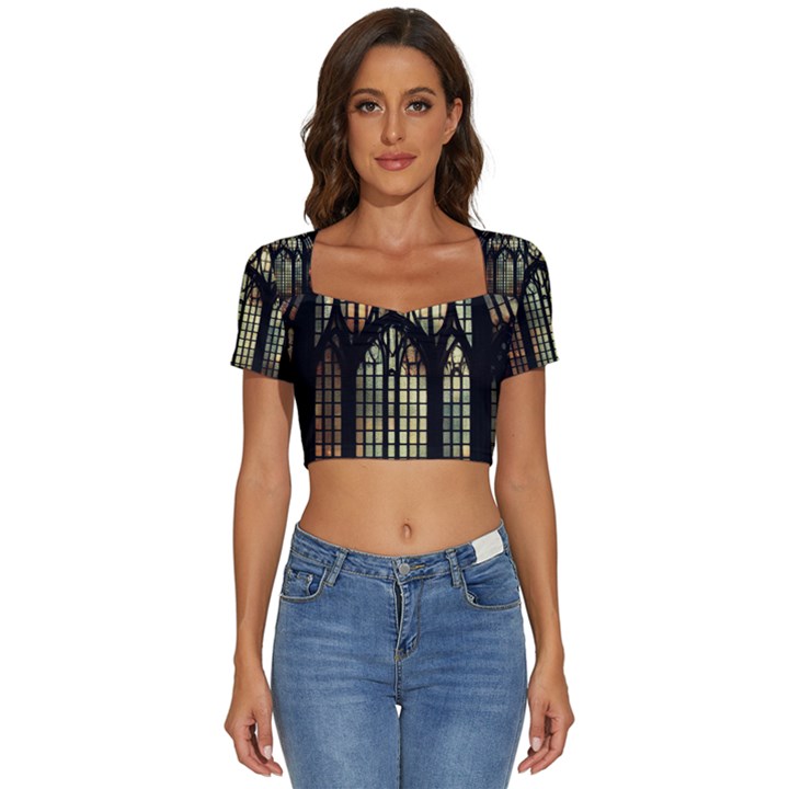 Stained Glass Window Gothic Short Sleeve Square Neckline Crop Top 