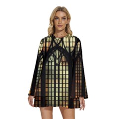 Stained Glass Window Gothic Round Neck Long Sleeve Bohemian Style Chiffon Mini Dress