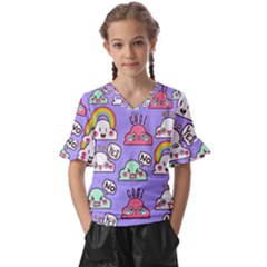 Cloud Seamless Pattern Kids  V-neck Horn Sleeve Blouse by Apen