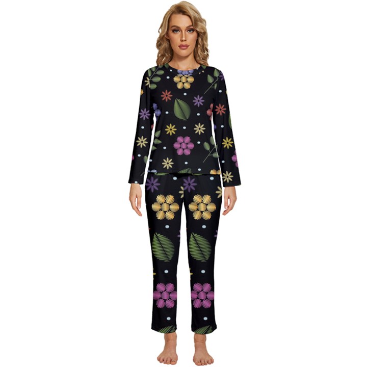 Embroidery Seamless Pattern With Flowers Womens  Long Sleeve Lightweight Pajamas Set