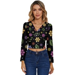 Embroidery Seamless Pattern With Flowers Long Sleeve V-neck Top by Apen