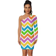 Chevron Pattern Design Texture Long Sleeve One Shoulder Mini Dress by Apen