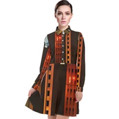 Sci-fi Futuristic Science Fiction City Neon Scene Artistic Technology Machine Fantasy Gothic Town Bu Long Sleeve Chiffon Shirt Dress by Posterlux