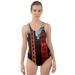 Sci-fi Futuristic Science Fiction City Neon Scene Artistic Technology Machine Fantasy Gothic Town Bu Cut-out Back One Piece Swimsuit by Posterlux