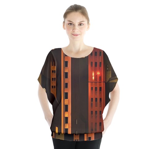 Sci-fi Futuristic Science Fiction City Neon Scene Artistic Technology Machine Fantasy Gothic Town Bu Batwing Chiffon Blouse by Posterlux