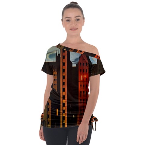 Sci-fi Futuristic Science Fiction City Neon Scene Artistic Technology Machine Fantasy Gothic Town Bu Off Shoulder Tie-up T-shirt by Posterlux