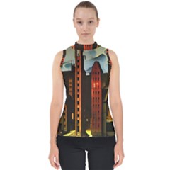 Sci-fi Futuristic Science Fiction City Neon Scene Artistic Technology Machine Fantasy Gothic Town Bu Mock Neck Shell Top by Posterlux