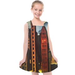 Sci-fi Futuristic Science Fiction City Neon Scene Artistic Technology Machine Fantasy Gothic Town Bu Kids  Cross Back Dress by Posterlux