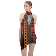 Sci-fi Futuristic Science Fiction City Neon Scene Artistic Technology Machine Fantasy Gothic Town Bu Halter Asymmetric Satin Top