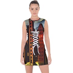 Sci-fi Futuristic Science Fiction City Neon Scene Artistic Technology Machine Fantasy Gothic Town Bu Lace Up Front Bodycon Dress by Posterlux