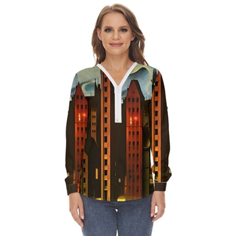 Sci-fi Futuristic Science Fiction City Neon Scene Artistic Technology Machine Fantasy Gothic Town Bu Zip Up Long Sleeve Blouse by Posterlux