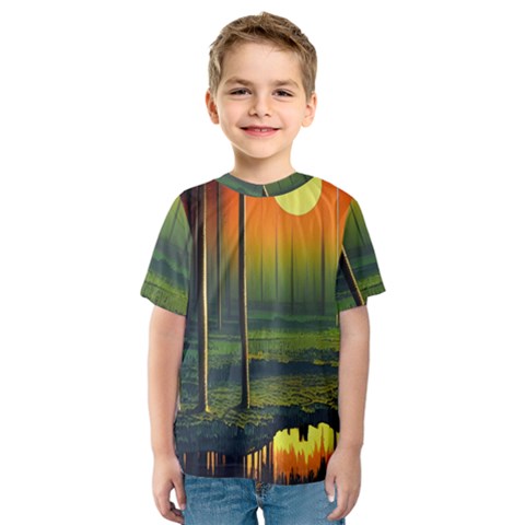 Outdoors Night Moon Full Moon Trees Setting Scene Forest Woods Light Moonlight Nature Wilderness Lan Kids  Sport Mesh T-shirt by Posterlux