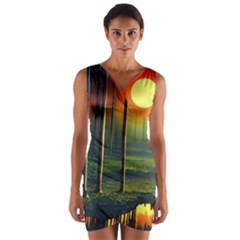 Outdoors Night Moon Full Moon Trees Setting Scene Forest Woods Light Moonlight Nature Wilderness Lan Wrap Front Bodycon Dress by Posterlux