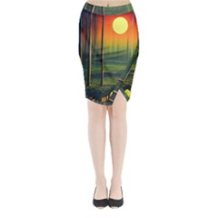 Outdoors Night Moon Full Moon Trees Setting Scene Forest Woods Light Moonlight Nature Wilderness Lan Midi Wrap Pencil Skirt