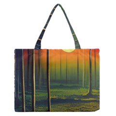 Outdoors Night Moon Full Moon Trees Setting Scene Forest Woods Light Moonlight Nature Wilderness Lan Zipper Medium Tote Bag by Posterlux