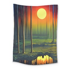 Outdoors Night Moon Full Moon Trees Setting Scene Forest Woods Light Moonlight Nature Wilderness Lan Medium Tapestry by Posterlux