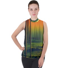 Outdoors Night Moon Full Moon Trees Setting Scene Forest Woods Light Moonlight Nature Wilderness Lan Mock Neck Chiffon Sleeveless Top