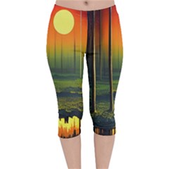 Outdoors Night Moon Full Moon Trees Setting Scene Forest Woods Light Moonlight Nature Wilderness Lan Velvet Capri Leggings  by Posterlux