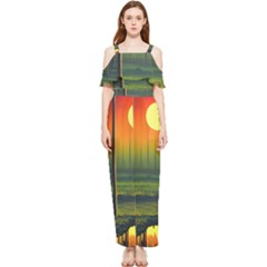 Outdoors Night Moon Full Moon Trees Setting Scene Forest Woods Light Moonlight Nature Wilderness Lan Draped Sleeveless Chiffon Jumpsuit by Posterlux