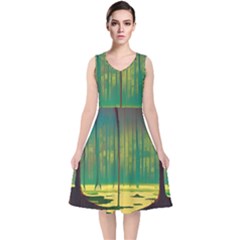 Nature Swamp Water Sunset Spooky Night Reflections Bayou Lake V-neck Midi Sleeveless Dress  by Posterlux