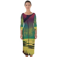 Nature Swamp Water Sunset Spooky Night Reflections Bayou Lake Quarter Sleeve Midi Bodycon Dress by Posterlux