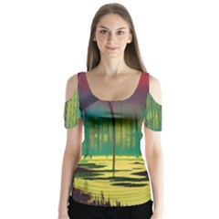 Nature Swamp Water Sunset Spooky Night Reflections Bayou Lake Butterfly Sleeve Cutout T-shirt 