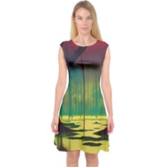 Nature Swamp Water Sunset Spooky Night Reflections Bayou Lake Capsleeve Midi Dress by Posterlux