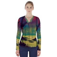 Nature Swamp Water Sunset Spooky Night Reflections Bayou Lake V-neck Long Sleeve Top