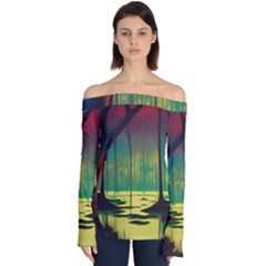 Nature Swamp Water Sunset Spooky Night Reflections Bayou Lake Off Shoulder Long Sleeve Top