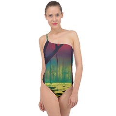 Nature Swamp Water Sunset Spooky Night Reflections Bayou Lake Classic One Shoulder Swimsuit by Posterlux