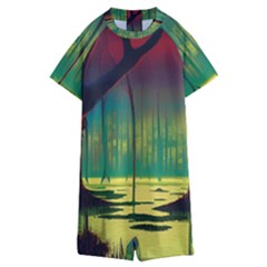 Nature Swamp Water Sunset Spooky Night Reflections Bayou Lake Kids  Boyleg Half Suit Swimwear