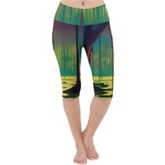 Nature Swamp Water Sunset Spooky Night Reflections Bayou Lake Lightweight Velour Cropped Yoga Leggings by Posterlux