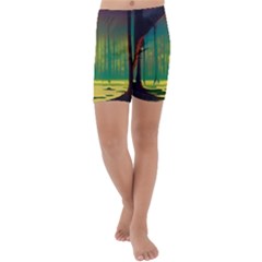 Nature Swamp Water Sunset Spooky Night Reflections Bayou Lake Kids  Lightweight Velour Capri Yoga Leggings by Posterlux