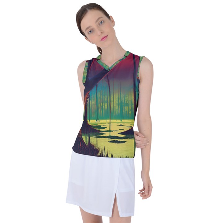 Nature Swamp Water Sunset Spooky Night Reflections Bayou Lake Women s Sleeveless Sports Top