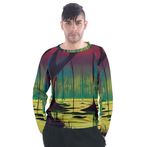 Nature Swamp Water Sunset Spooky Night Reflections Bayou Lake Men s Long Sleeve Raglan T-shirt by Posterlux