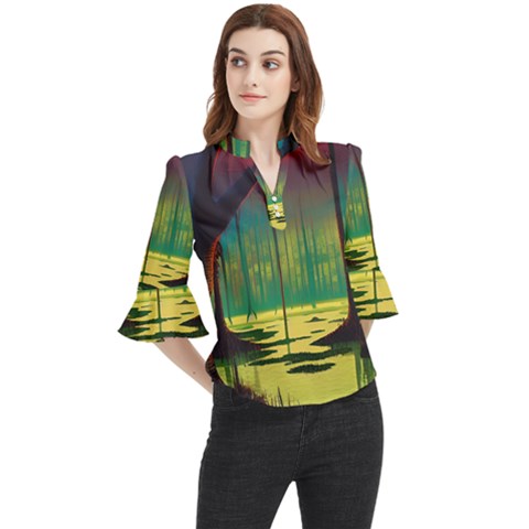 Nature Swamp Water Sunset Spooky Night Reflections Bayou Lake Loose Horn Sleeve Chiffon Blouse by Posterlux