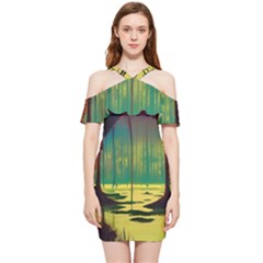 Nature Swamp Water Sunset Spooky Night Reflections Bayou Lake Shoulder Frill Bodycon Summer Dress by Posterlux