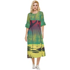 Nature Swamp Water Sunset Spooky Night Reflections Bayou Lake Double Cuff Midi Dress by Posterlux