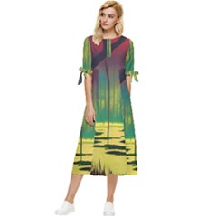 Nature Swamp Water Sunset Spooky Night Reflections Bayou Lake Bow Sleeve Chiffon Midi Dress by Posterlux