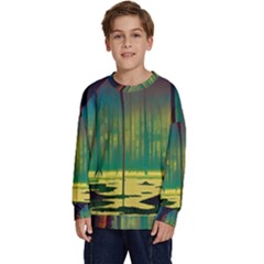 Nature Swamp Water Sunset Spooky Night Reflections Bayou Lake Kids  Crewneck Sweatshirt by Posterlux