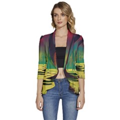 Nature Swamp Water Sunset Spooky Night Reflections Bayou Lake Women s 3/4 Sleeve Ruffle Edge Open Front Jacket by Posterlux