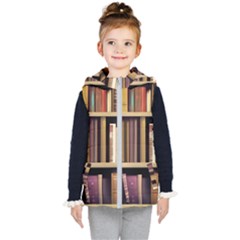 Books Bookshelves Office Fantasy Background Artwork Book Cover Apothecary Book Nook Literature Libra Kids  Hooded Puffer Vest by Posterlux