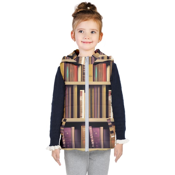 Books Bookshelves Office Fantasy Background Artwork Book Cover Apothecary Book Nook Literature Libra Kids  Hooded Puffer Vest