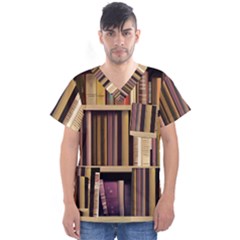 Books Bookshelves Office Fantasy Background Artwork Book Cover Apothecary Book Nook Literature Libra Men s V-Neck Scrub Top